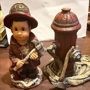 Firefighter Figurine with Hydrant - Red and Brown